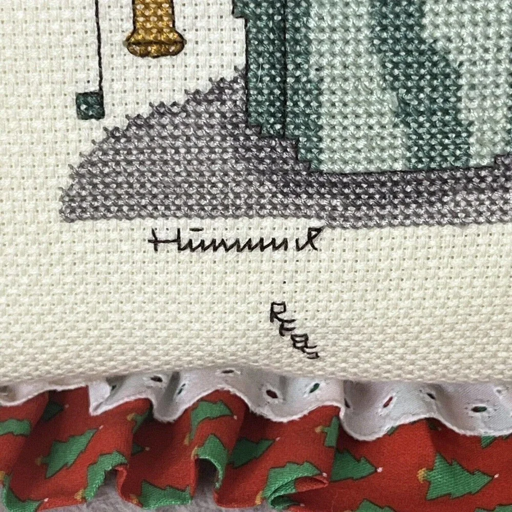 Handmade Vtg. 1985 Hummel Cross Stitch Pillow Square Signed Ruffle Eyelet 80s